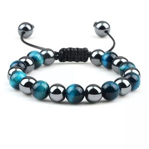 Mens Hematite Blue Tigers Eye bracelet beaded crystal bracelet